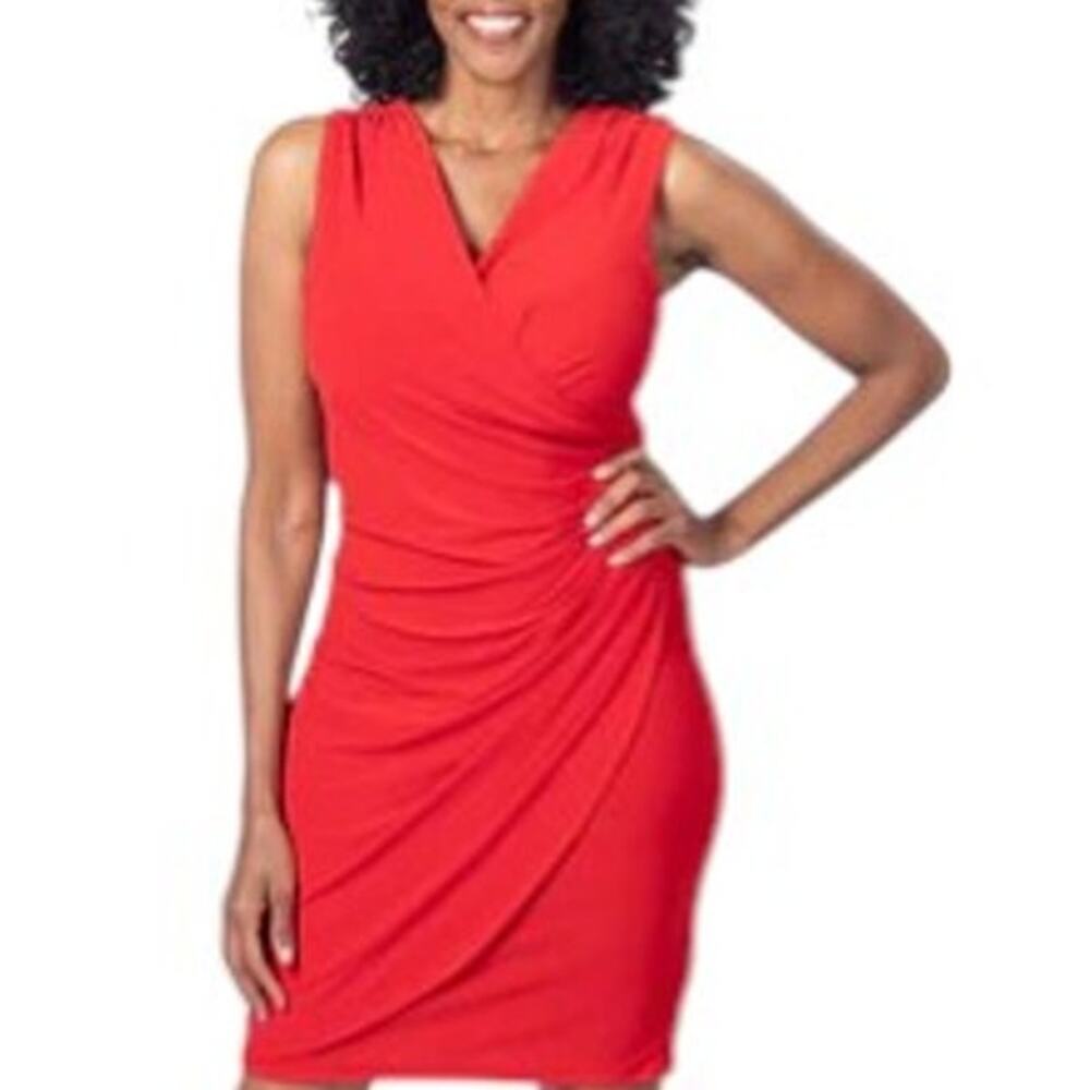 Lauren Ralph Lauren Ruched Dress Sz 4 Red V-neck Sleeveless Faux Wrap Pleated
